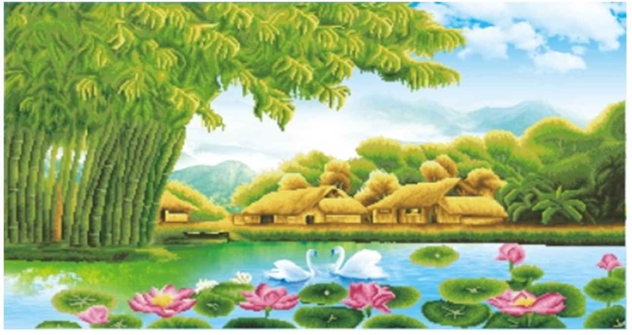[HCM]Tranh thêu chữ thập phong cảnh làng quê Việt ( chưa thêu)-X8115