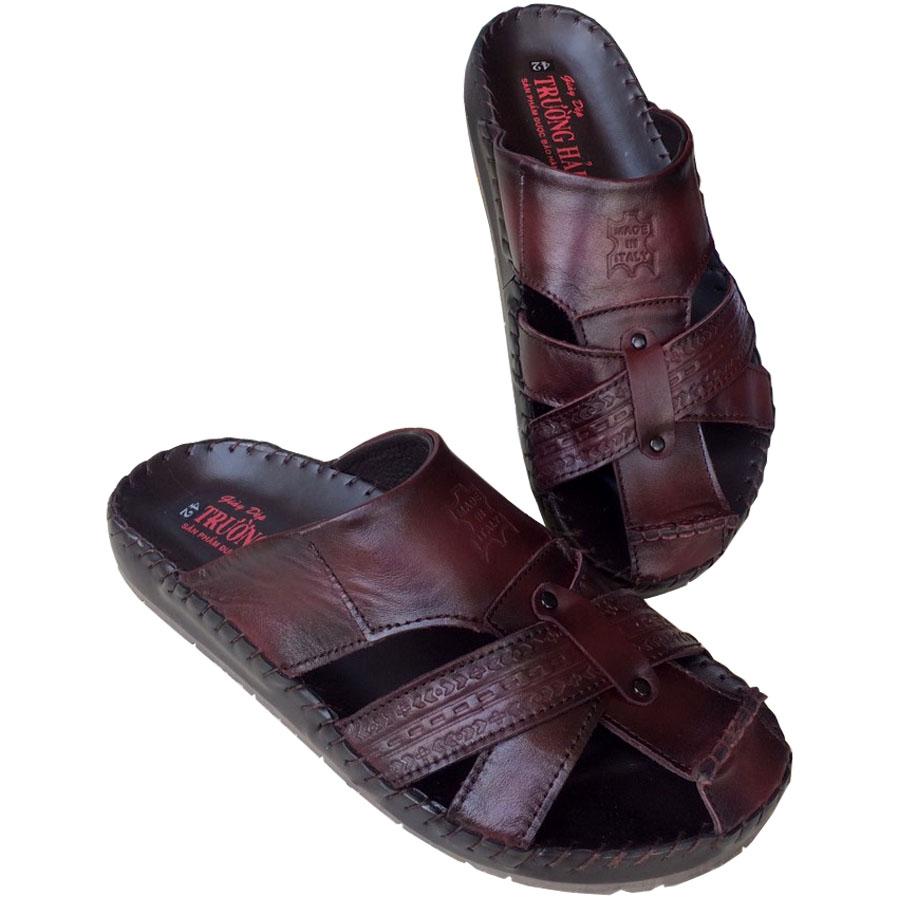 Dép bít mũi nam nâu may viển đế kếp  da bò cao cấp THBM143