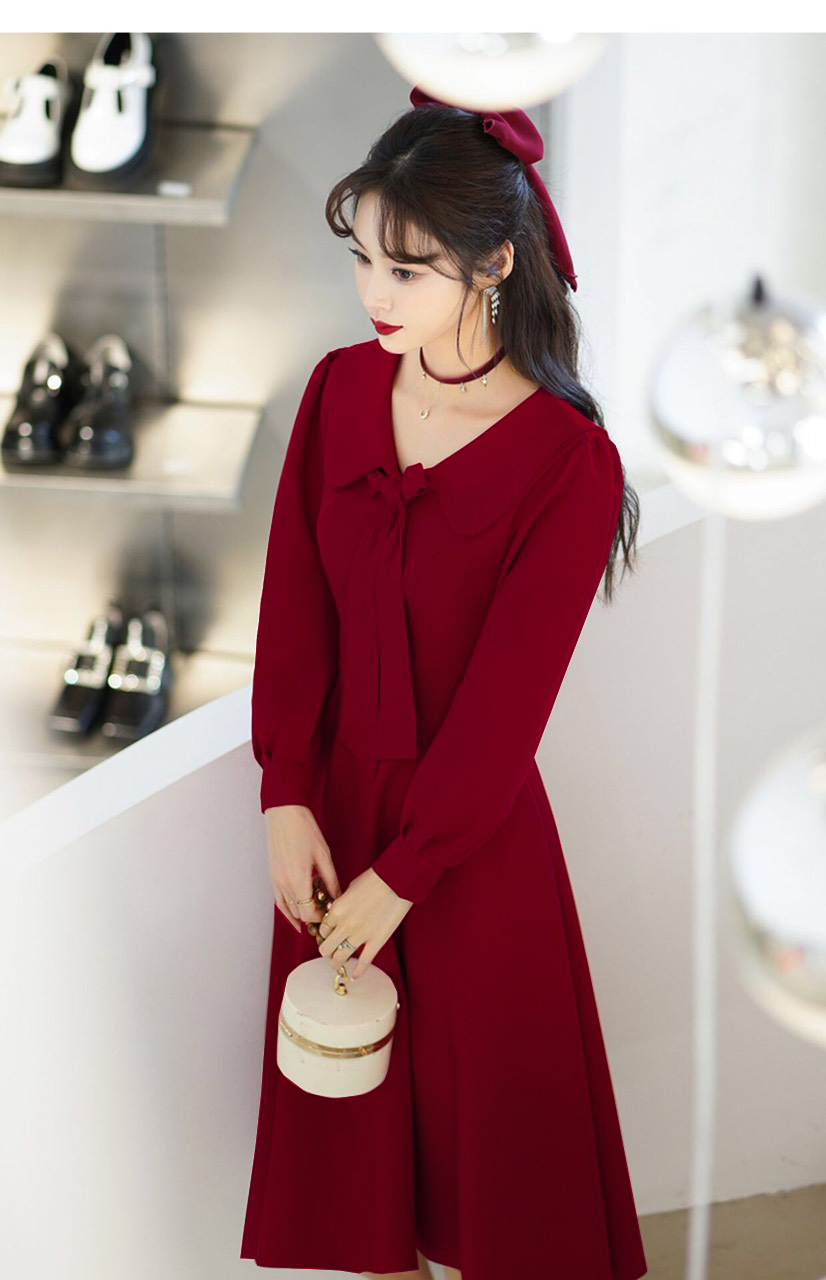Đầm  Đự Tiệc Dáng Xoè Tay Dài Phối Nơ Cổ