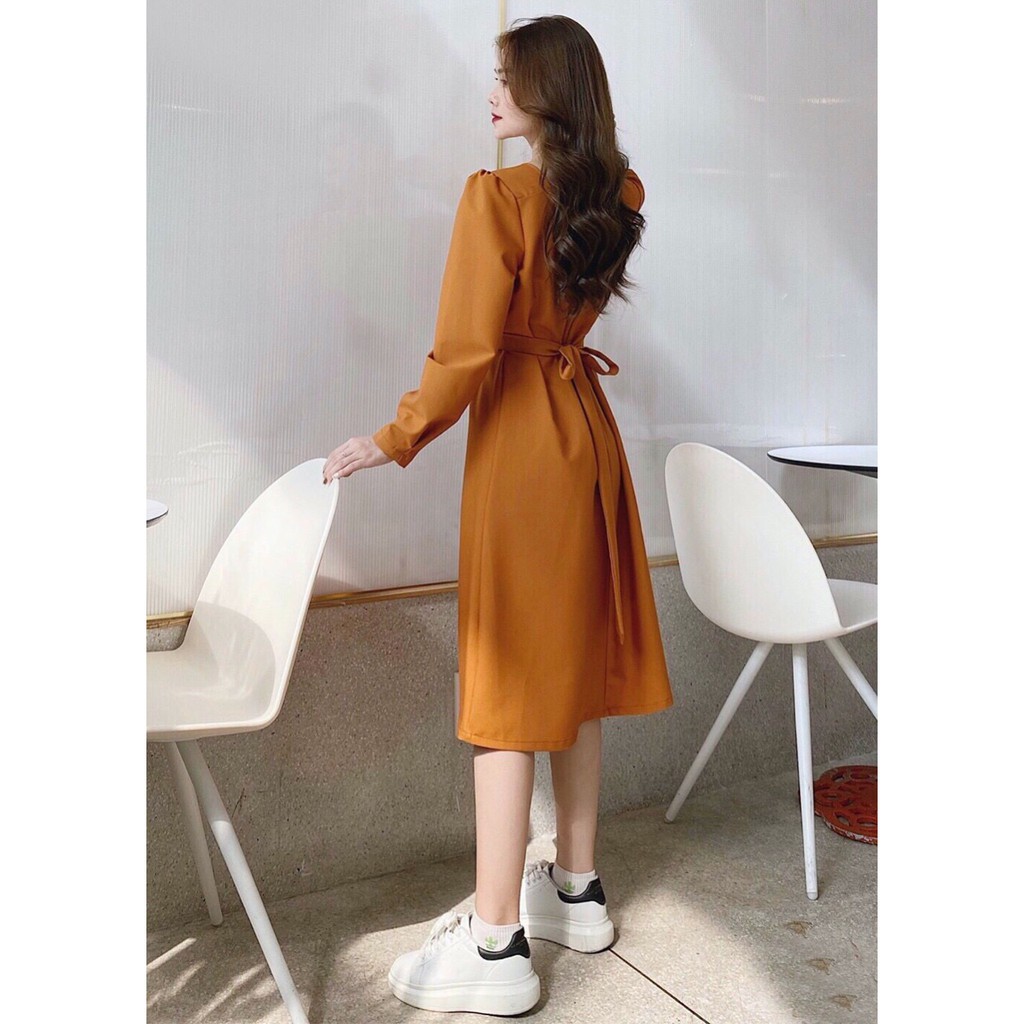 Đầm cam tay dài nơ eo