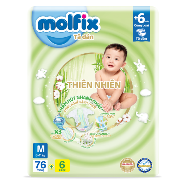 [MẪU MỚI] Bỉm dán thiên nhiên Molfix NB70+6/S80+4/M76+6