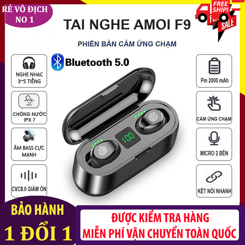 Tai Nghe Nhét Tai Không Dây F9 TWS Chính Hãng, Tai Nghe Bluetooth 5.0, Điều Khiển Cảm Ứng, Có Màn Hình LED, Chống Nước, Hộp Sạc 2000MAh