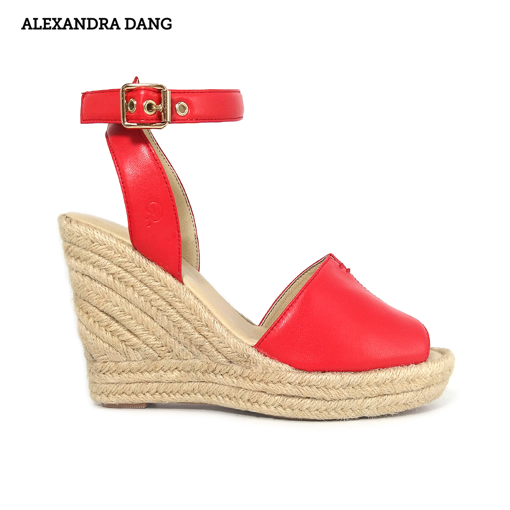 Giày Sandal Da Đế Xuồng Bọc Cói AD màu đỏ