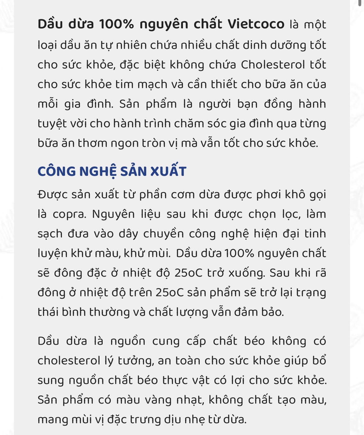 Dầu dừa nấu ăn nguyên chất Vietcoco 1 lít