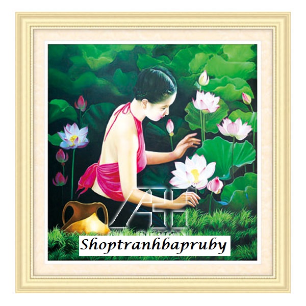 Tranh thêu Cô Gái Hoa Sen 53406 kích thước  76 x 76 cm