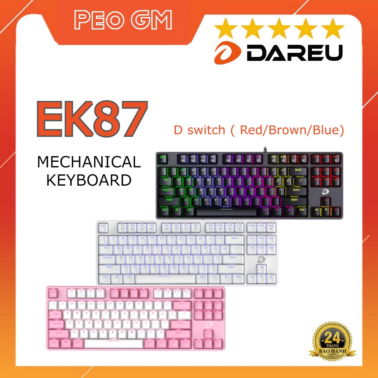 Bàn phím cơ Gaming DAREU EK87 WHITE (ICE-BLUE LED, Blue/ Brown/ Red D switch)