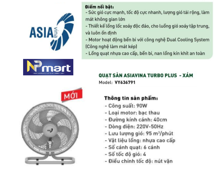 Quạt sàn asia turbo plus vy636791 - 90w - hoạt động êm mát xa