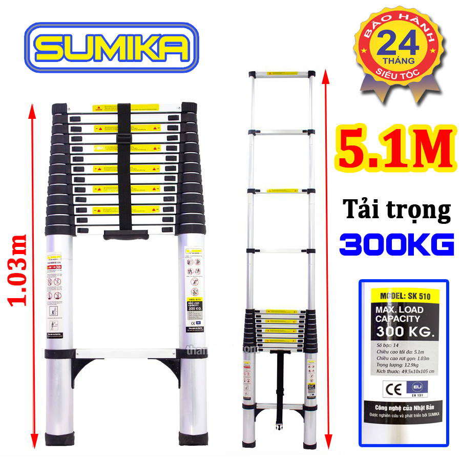 Thang nhôm rút đơn xếp gọn 5m1 SUMIKA SK 510 New ( màu bạc ). An toàn – Tiện lợi – Tiết kiệm ,15 bậc, tải trọng 300kg, bảo hành 2 năm.