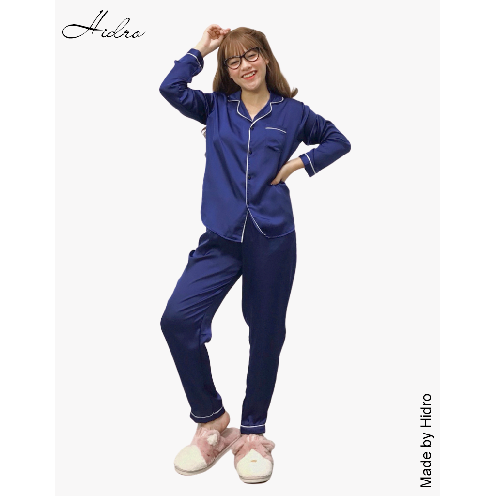 HIDRO Bộ ngủ pijama lụa satin trơn dài tay