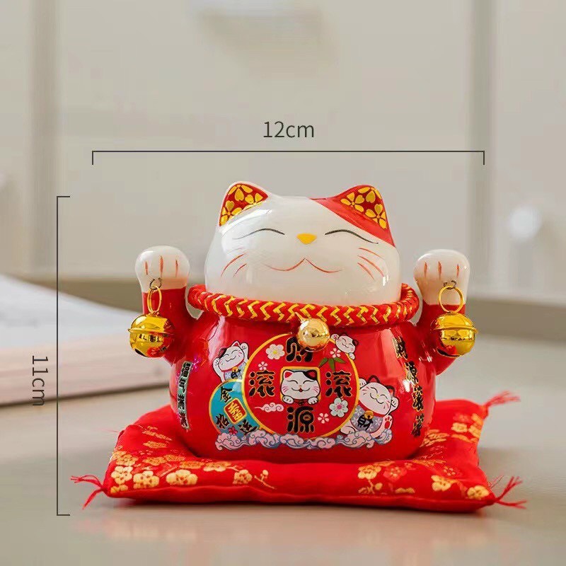 Mèo Thần Tài đỏ giơ 2 tay-Đa Phú Quý 18cm