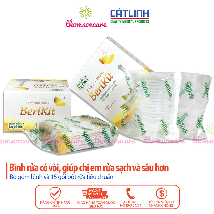 Vệ sinh phụ nữ Berikit Kit mẫu mới Cát Linh gồm bình và 15 gói rửa khử mùi hôi tự nhiên giúp khô ráo an toàn kháng khuẩn phòng ngừa nấm ngứa huyêt trắng vệ sinh hàng ngày cho chị em được khuyên dùng bởi bác sĩ bình rửa có vòi
