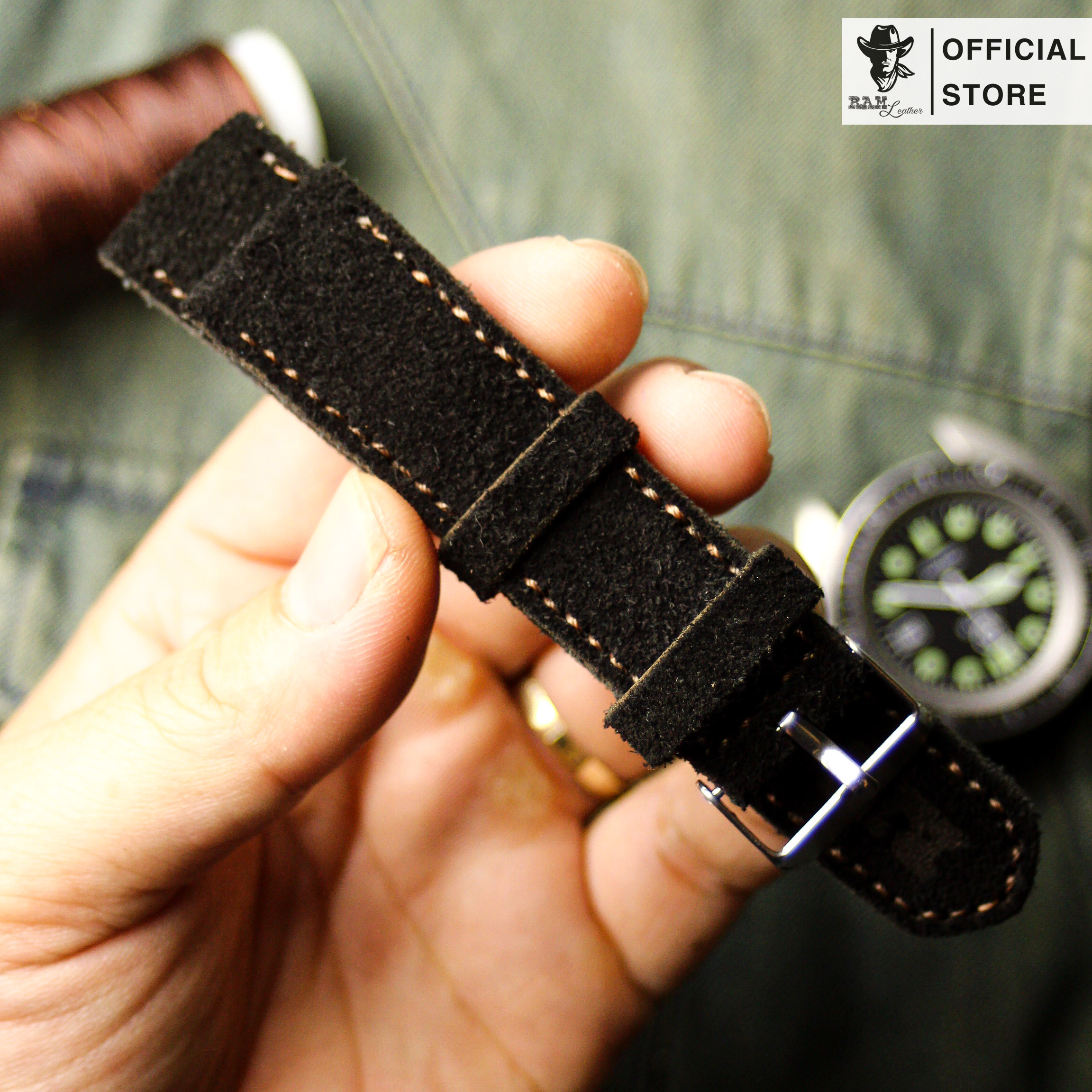 Dây da đồng hồ Siêu bền RAM Leather Classic 1966 Da Lộn Đen