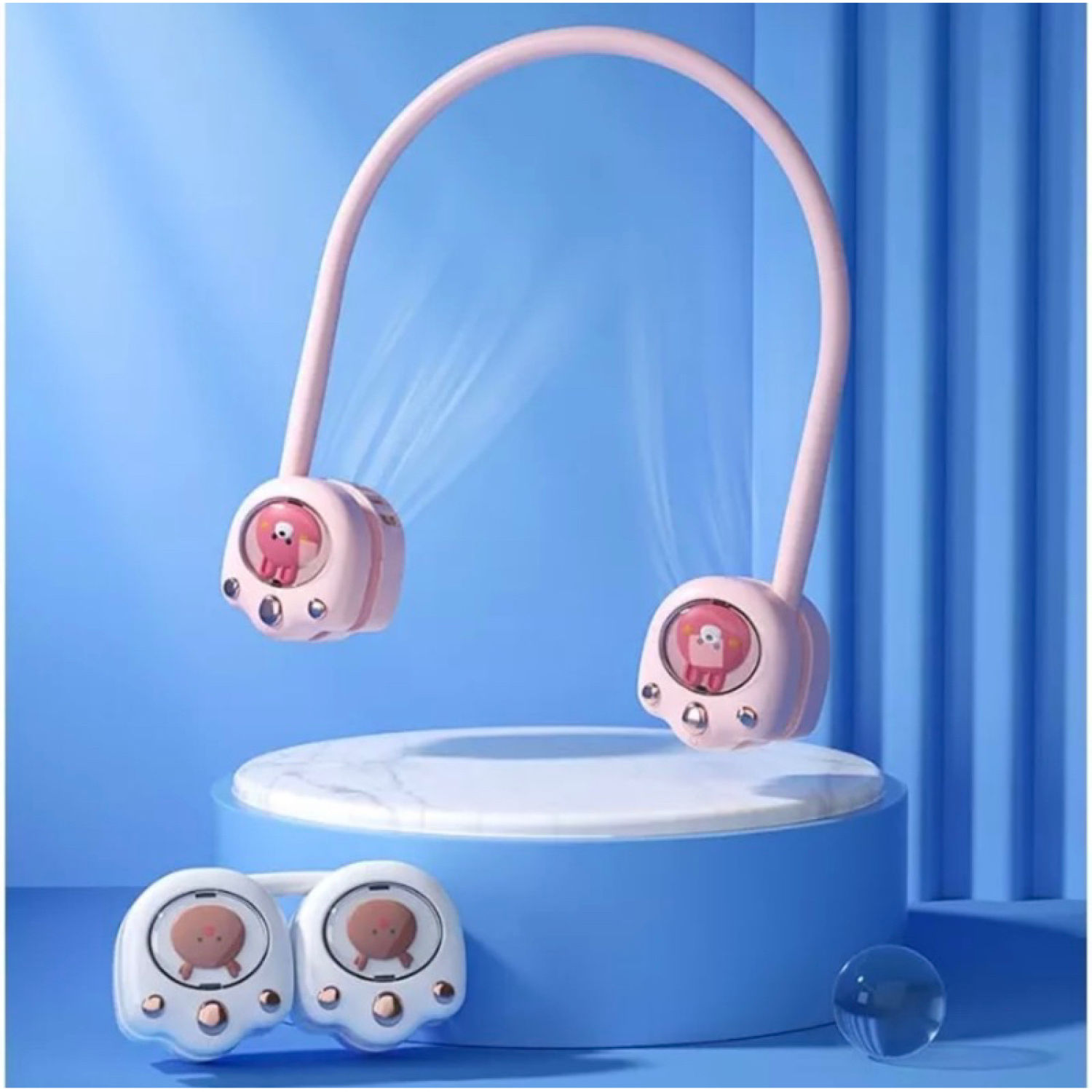 Quạt sạc mini đeo cổ cao cấp mẫu chân mèo có hộp đựng