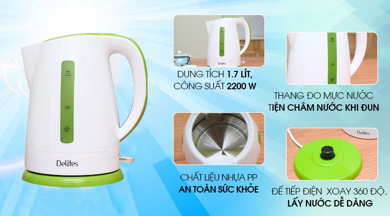 Ấm siêu tốc Delites 1.7 lít ST17P01WG Xanh lá