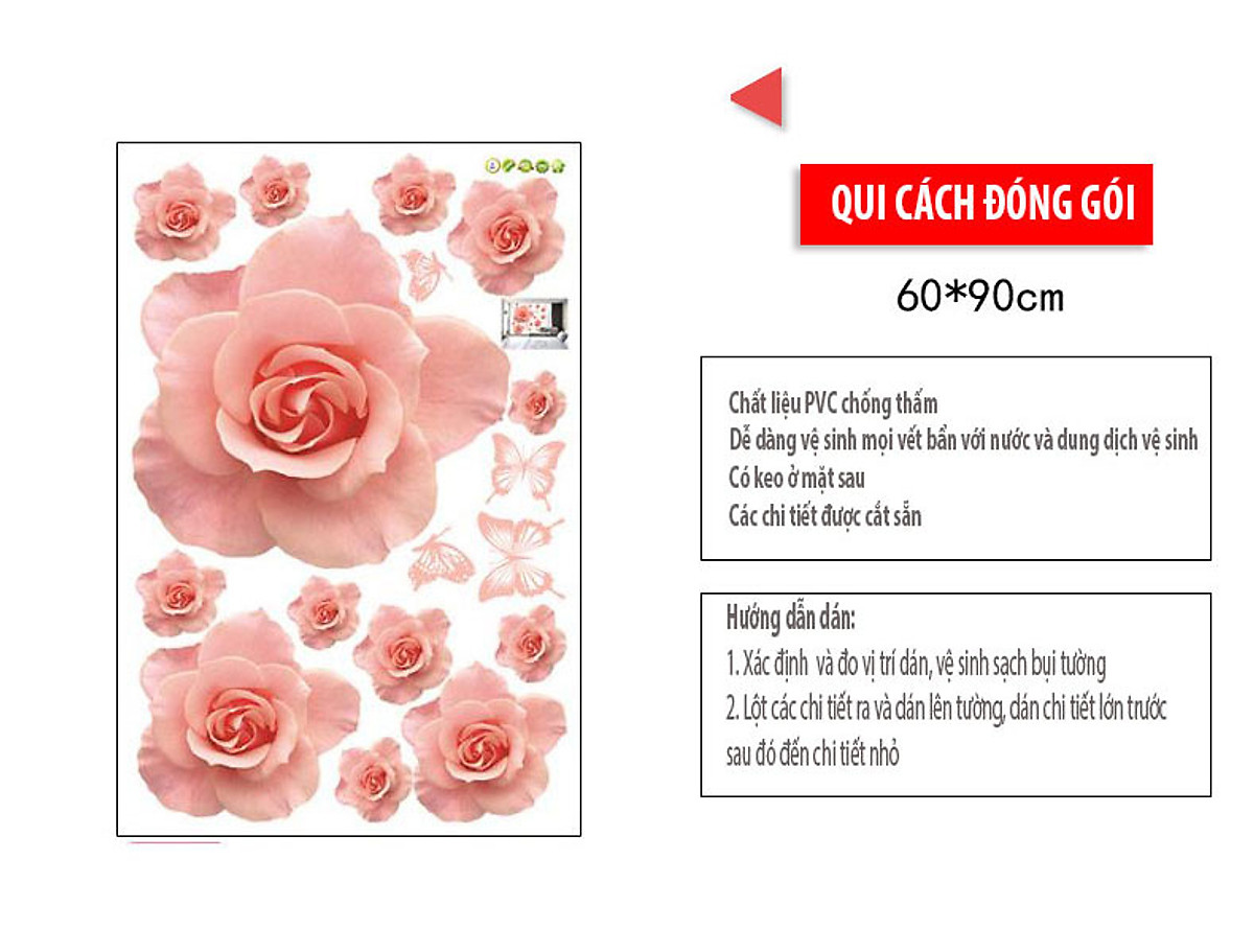 DECAL DÁN TƯỜNG TRANH 4 BÌNH HOA VÀ HOA HỒNG 3D