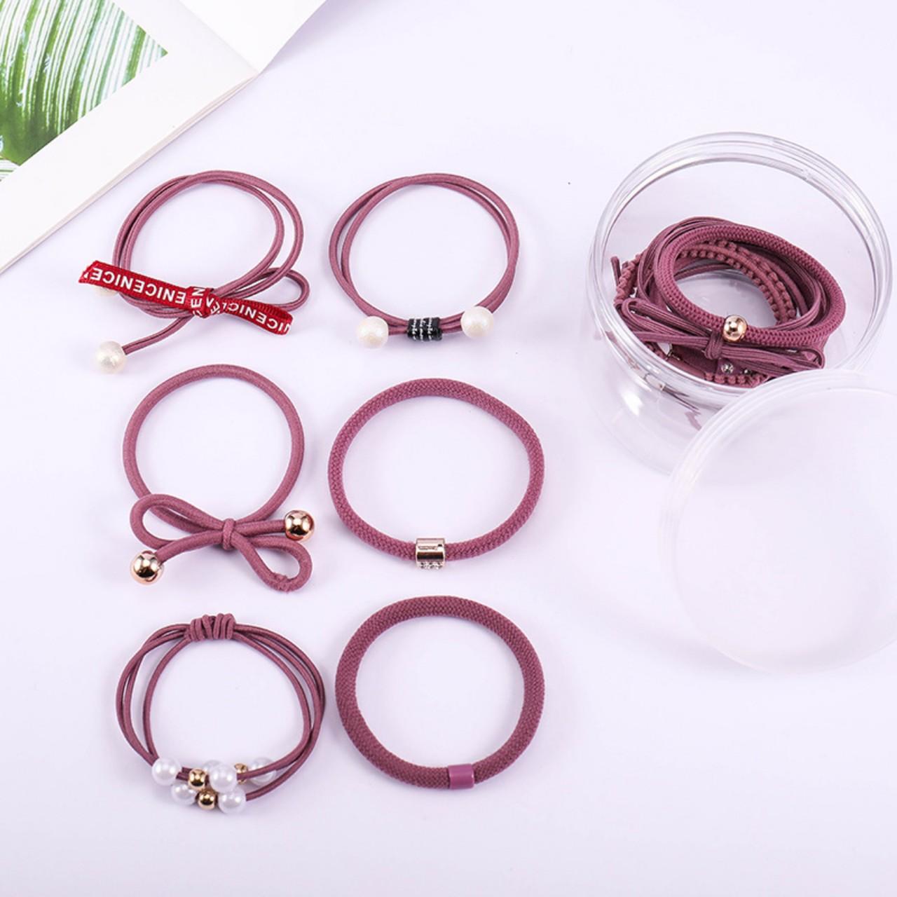Bộ dây thun cột tóc Hàn Quốc 12 họa tiết ( Màu hồng đậm nho - Gồm Hộp)