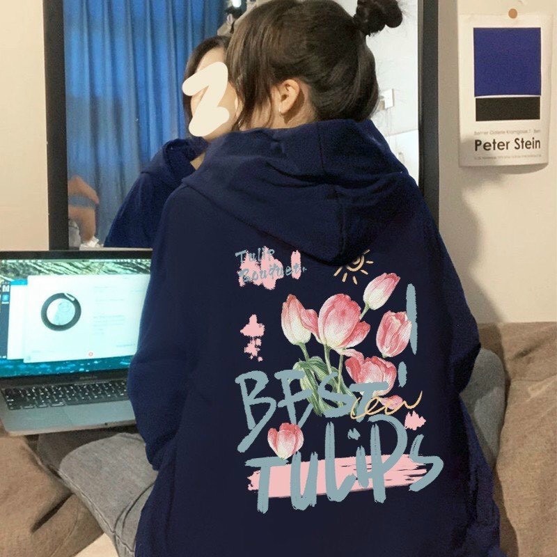 Áo Khoác Hoodie Cặp Đôi Nam Nữ Form Rộng Họa Tiết Hoa Tulips Có Nón Chống Nắng Cao Cấp