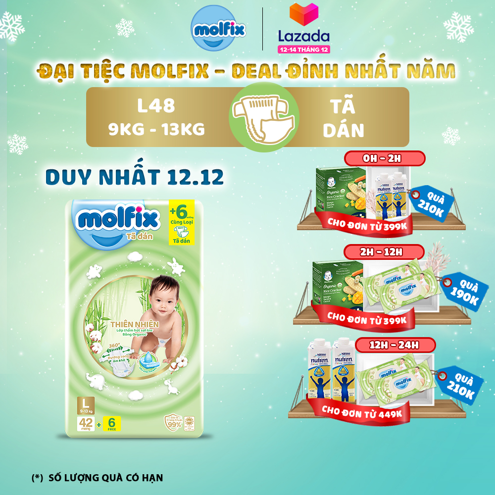 [Đơn 399K Tặng 2 miếng tã quần size L ] Tã/bỉm dán Molfix Thiên nhiên Jumbo L (9kg - 13kg) - Gói 42+6 miếng