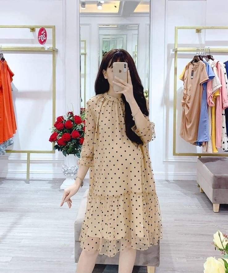 [sale]Váy Bầu Dài Tay Đầm Bầu Dáng Suông Thiết Kế Màu Hồng freesize 45-75kg