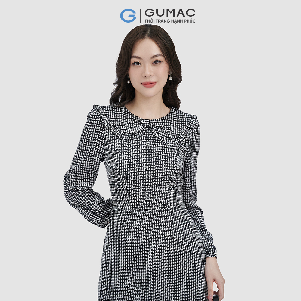 Đầm lụa họa tiết bâu nơ cổ lá GUMAC DC09092