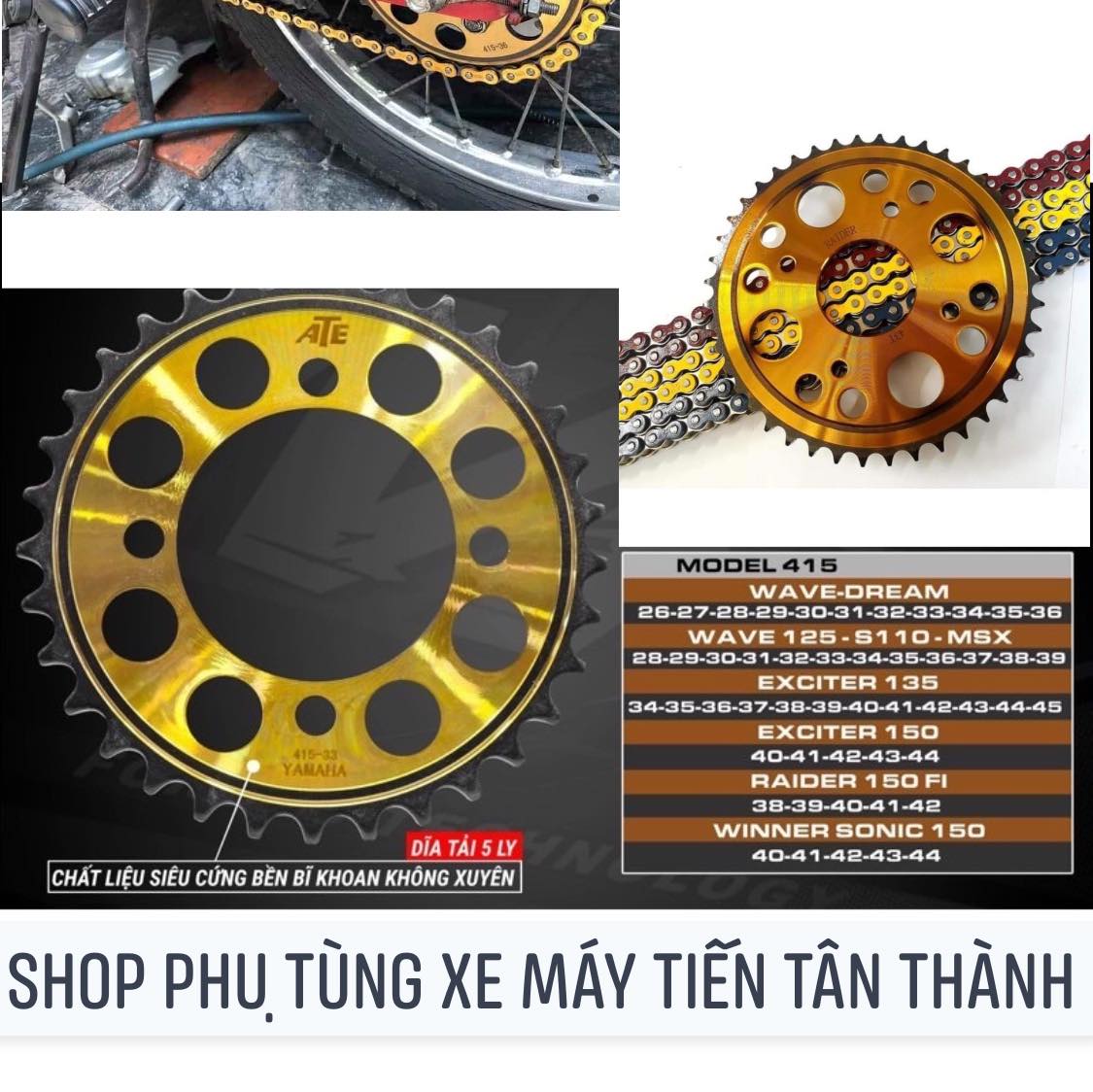 Dĩa tải 7ly 5MM 415 ATE xe máy sirius exciter135 yamaha (xài sên 415 7ly)
