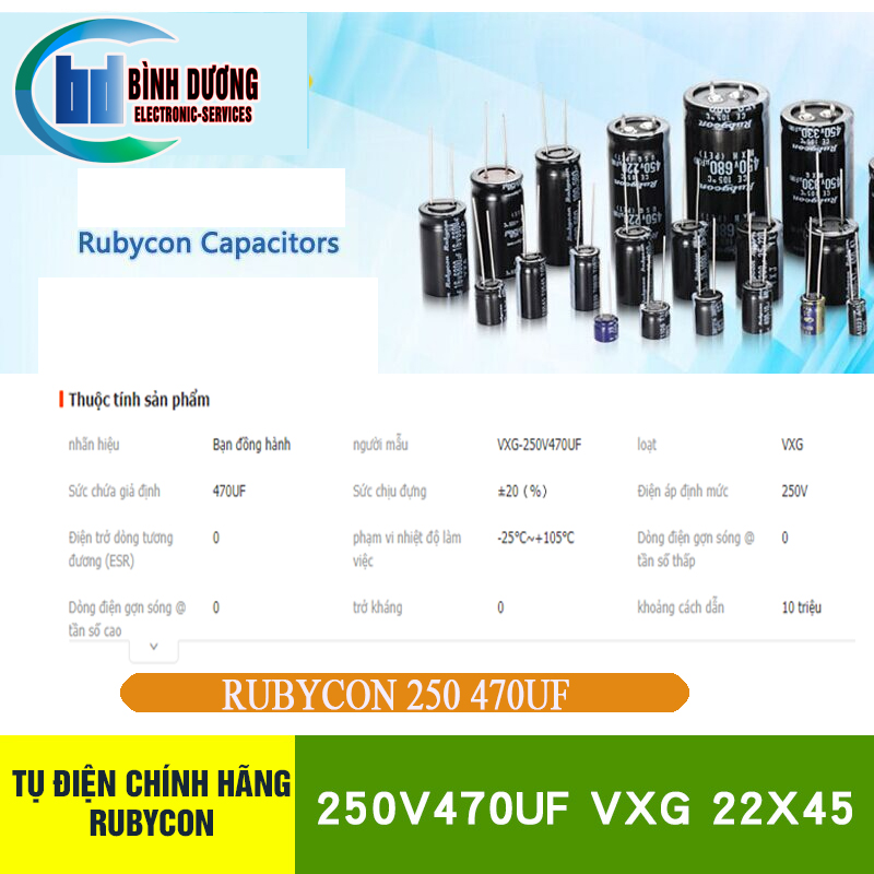 Tụ hóa Rubycon 250V 470uF kích thước 40*22mm mới 100%