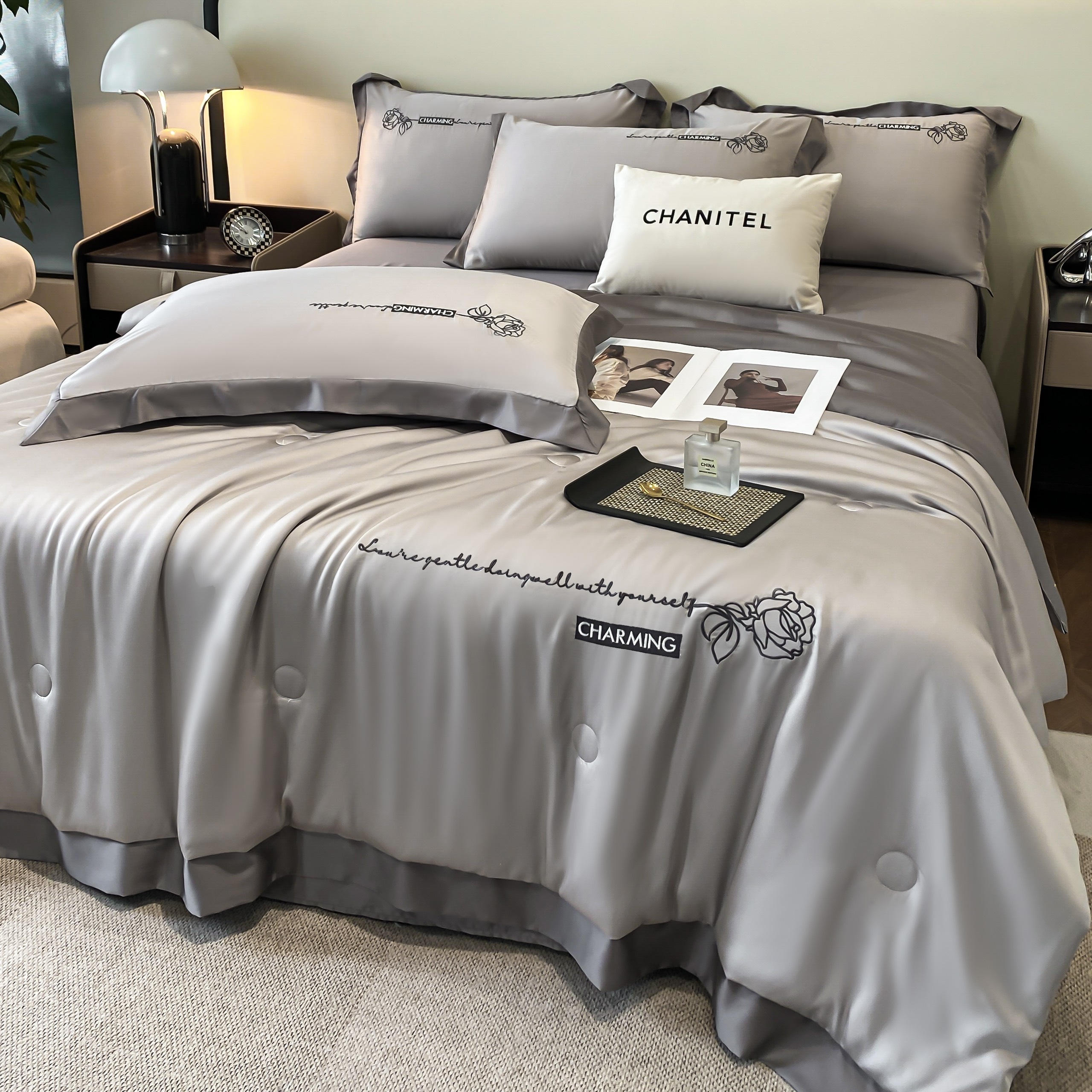 SET 4 MÓN CHĂN CHẦN HÈ+ GA GỐI PHI LỤA THÊU HOA PHỐI VIỀN NHẬP KHẨU CHIIBEDDING