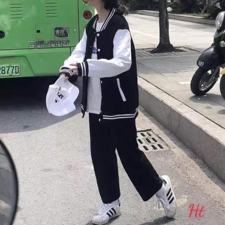 Áo khoác nỉ bomber đen phối tay trắng trơn Ht