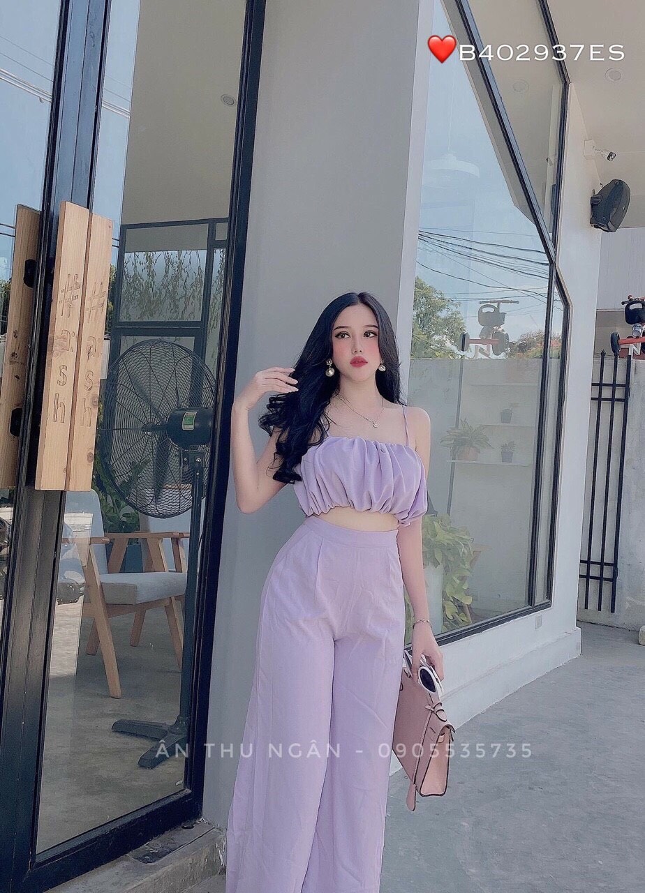 Set bộ nữ quần dài ống suông áo 2 dây phồng #setbo2dayongrong