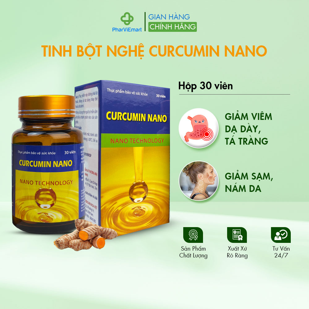 Viên Uống Curcumin Nano Chiết Xuất Củ Nghệ Vàng Hỗ Trợ Giảm Đau Dạ Dày, Tá Tràng (Hộp 30 viên)