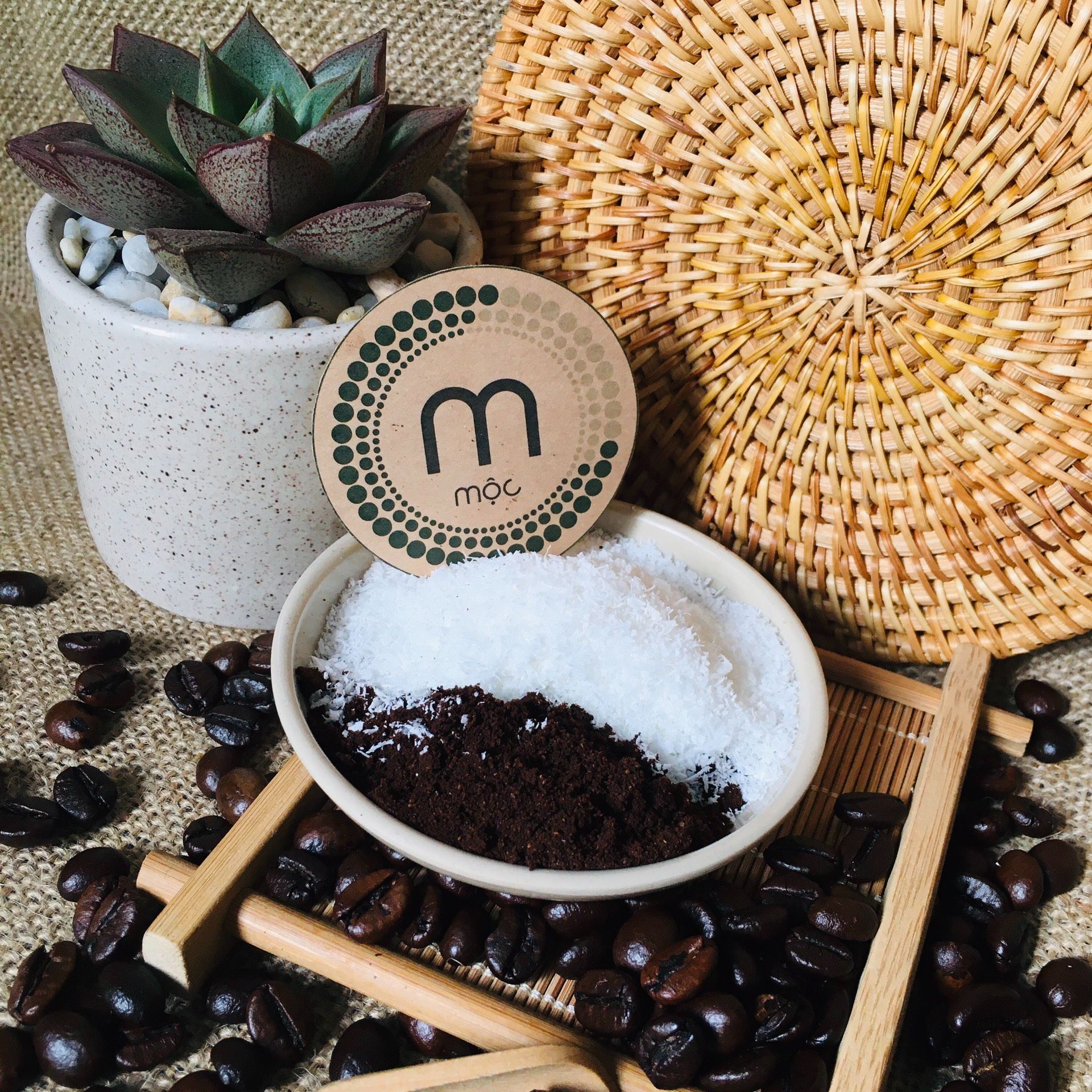 Bột cà phê dừa (cafe) MỘC - tẩy tế bào chết, làm sạch da, giúp da mịn màng, dưỡng ẩm, giúp làm sạch sâu gói dùng thử 10g và chai 100ml, 200ml handmade