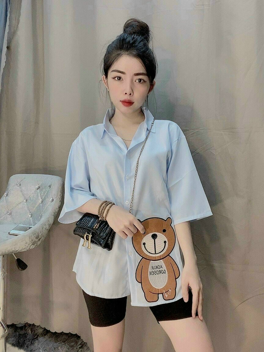 [HCM-CHUYÊN SỈ & LẺ THỜI TRANG] SET BỘ ÁO SƠ MI TAY LỠ IN GẤU QUẦN THUN NGỐ