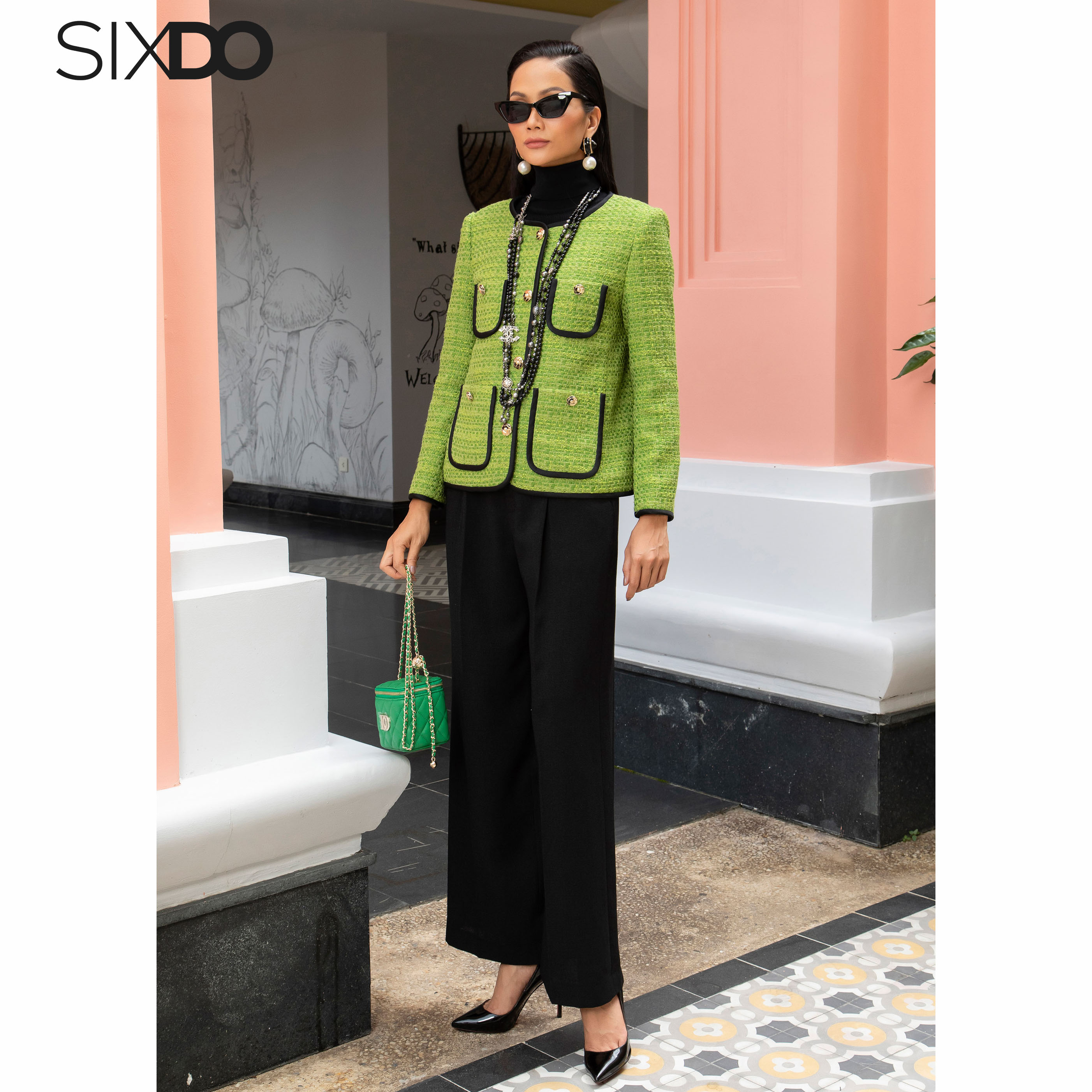 Áo Vest dạ tweed xanh cổ tròn SIXDO (Green Nuggets Tweed Vest)