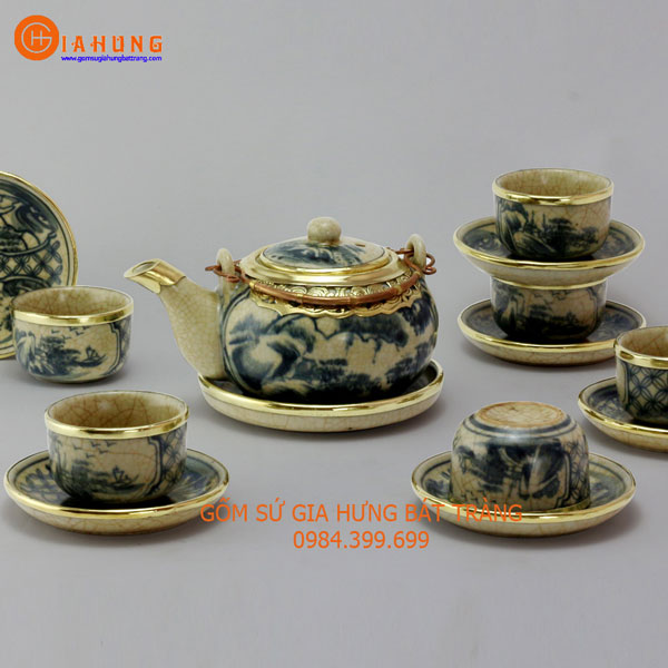 Bộ ấm chén Nhật men rạn bọc đồng gốm sứ Bát Tràng