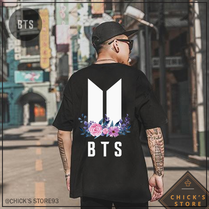 Áo thun tay lỡ BTS phối hoa (Màu đen) - Áo thun Kpop