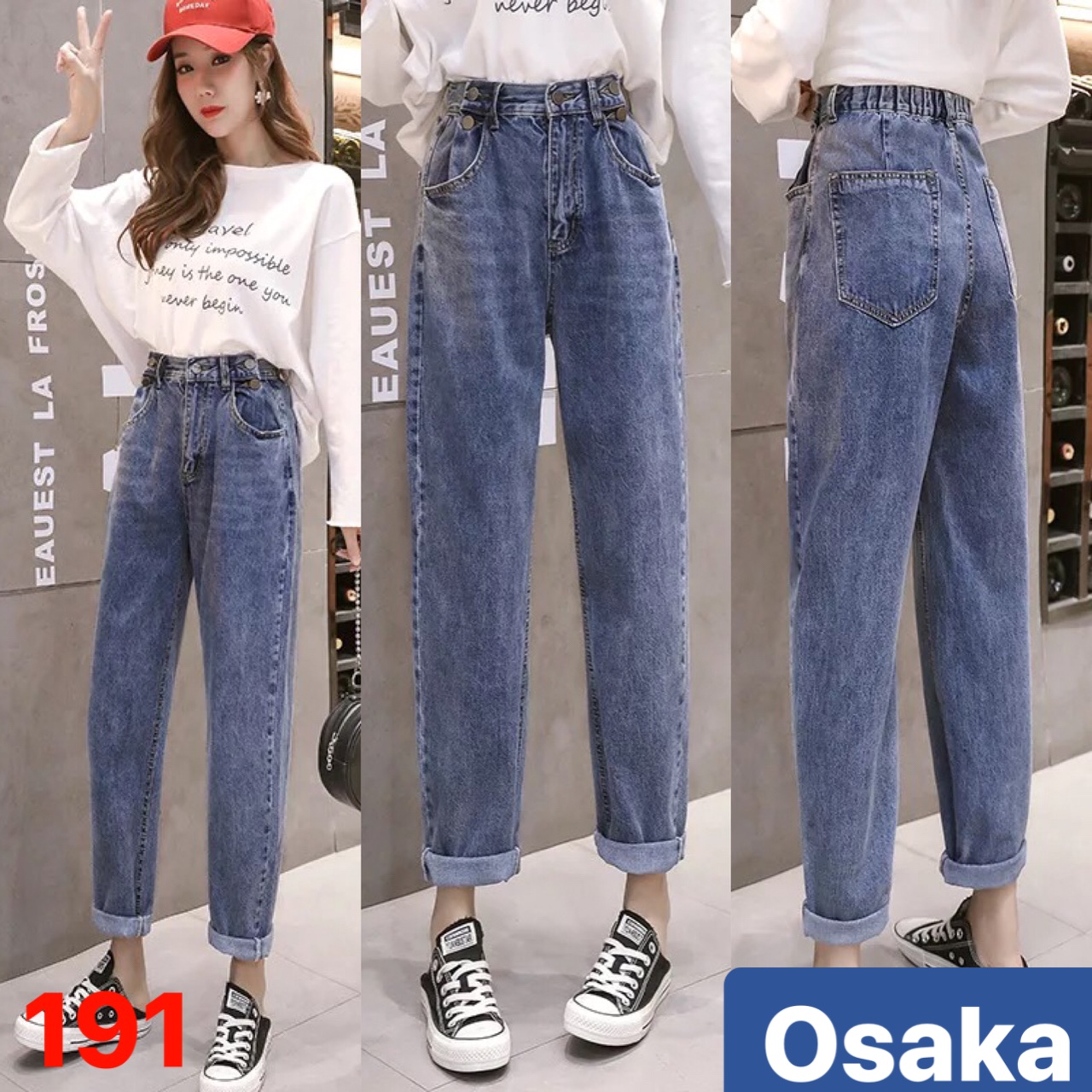 QUẦN BAGGY JEAN NỮ CHẤT BÒ XANH ĐẬM LƯNG THUN CẠP CHUN CẠP CHUN GIRL XINH TRƠN LƯNG CAO NÂNG MÔNG TREND OK-191 OSAKA FASHION