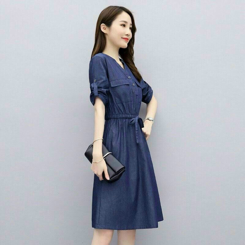 ĐẦM  JEAN NGỰC PHỐI TÚI EO  RÚT D792