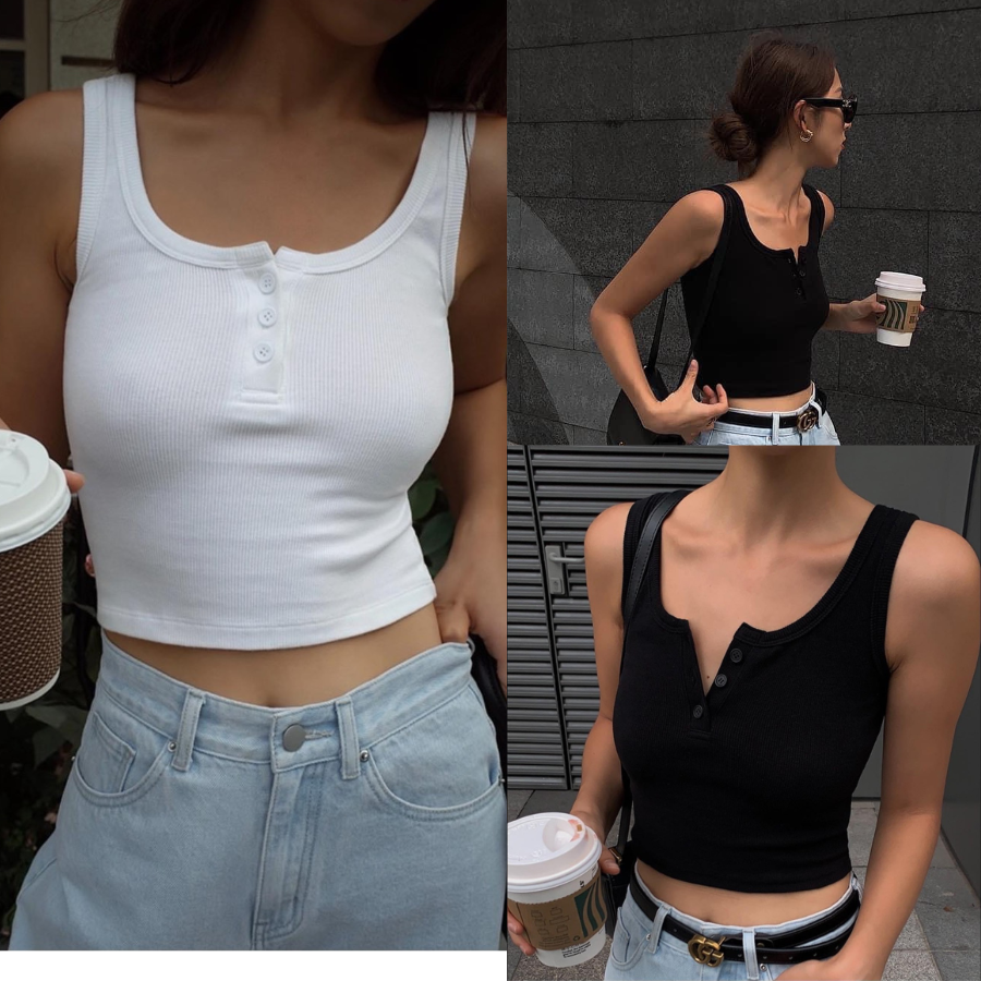 Áo croptop cổ V có cúc cài 2 màu trắng đen