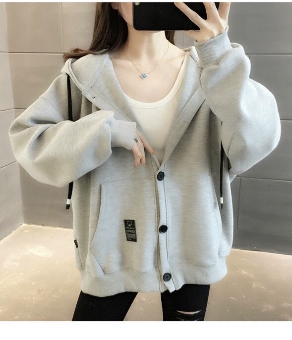 Áo khoác nỉ cài cúc có mũ đội, áo khoác đi nắng_ut