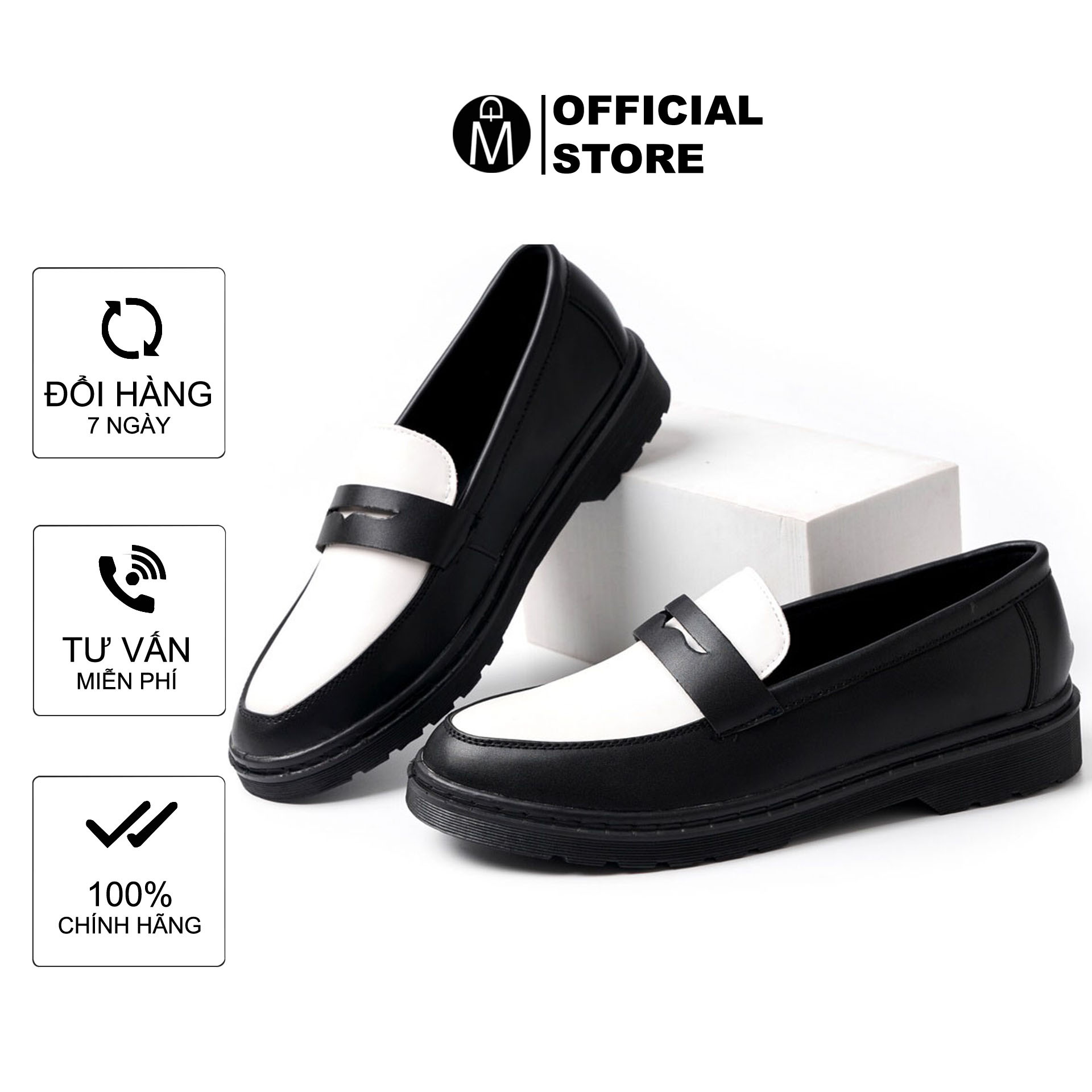 Giày penny loafer da nam MĐ G1085 phối màu trắng đen thời trang