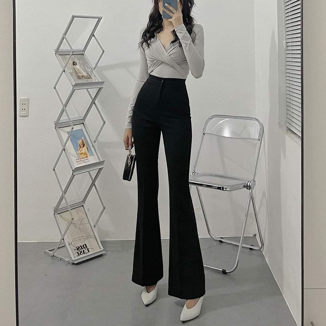 Quần ống loe nữ lưng cao dáng dài 1 khuy quần tây loe vải tuyết mưa lên phom đứng dáng đi học đi làm