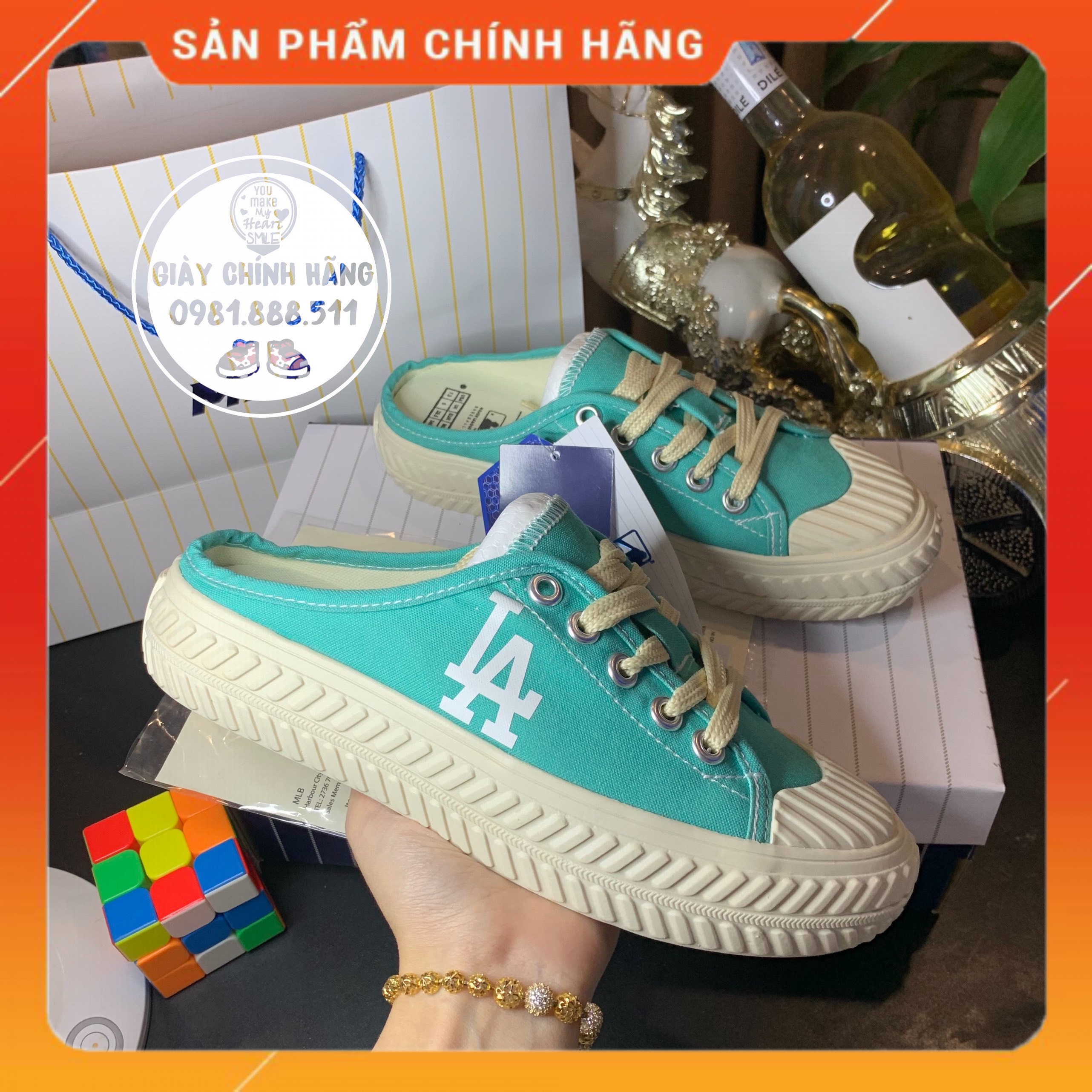 [ Giày Chính Hãng]Giày sục NY xanh, đạp gót mlb nữ full box bill.
