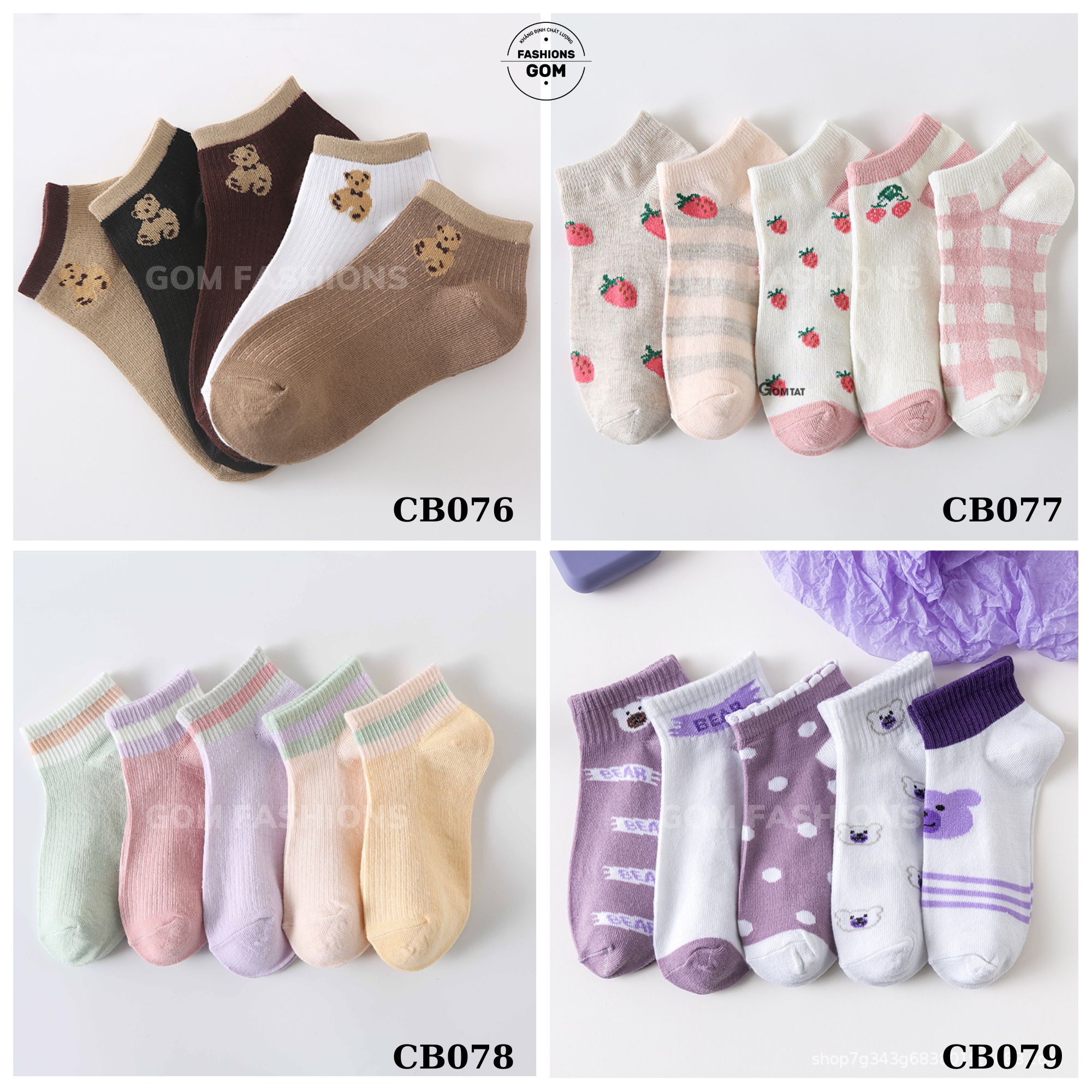 Set 5 đôi vớ nữ cổ ngắn vintage họa tiết dễ thương, tất chân nữ cute chất cotton thoáng mát khử mùi - CB5DOI