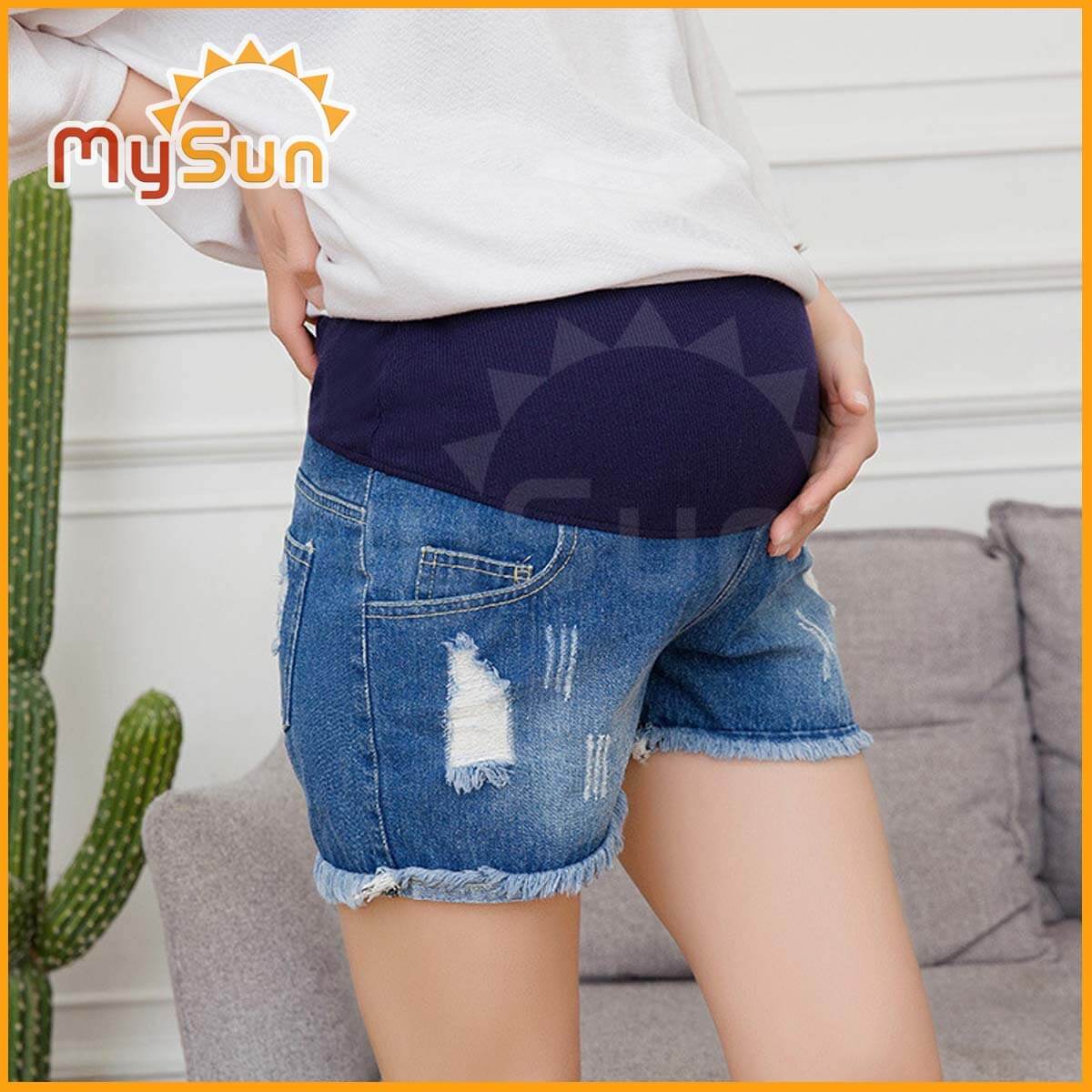 Quần đùi Jean bầu ống rộng đẹp, quần jeans bò cho bà bầu mùa hạ thu đông MySun