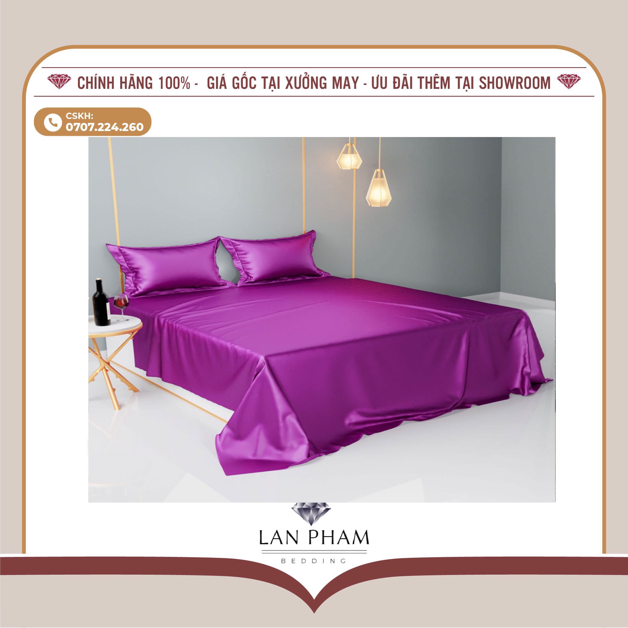 BỘ GA GIƯỜNG DRAP GỐI PHI LỤA MÀU TÍM HUẾ CAO CẤP LAN BEDDING