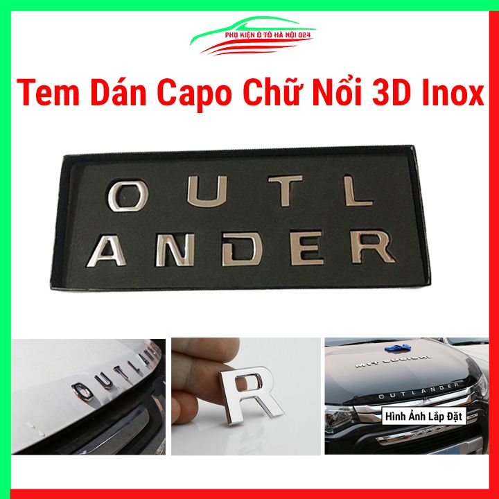 Tem dán capo xe ô tô chữ nổi 3D OUTLANDER Inox, mặt sau logo chữ nổi có keo dính chắc chắn