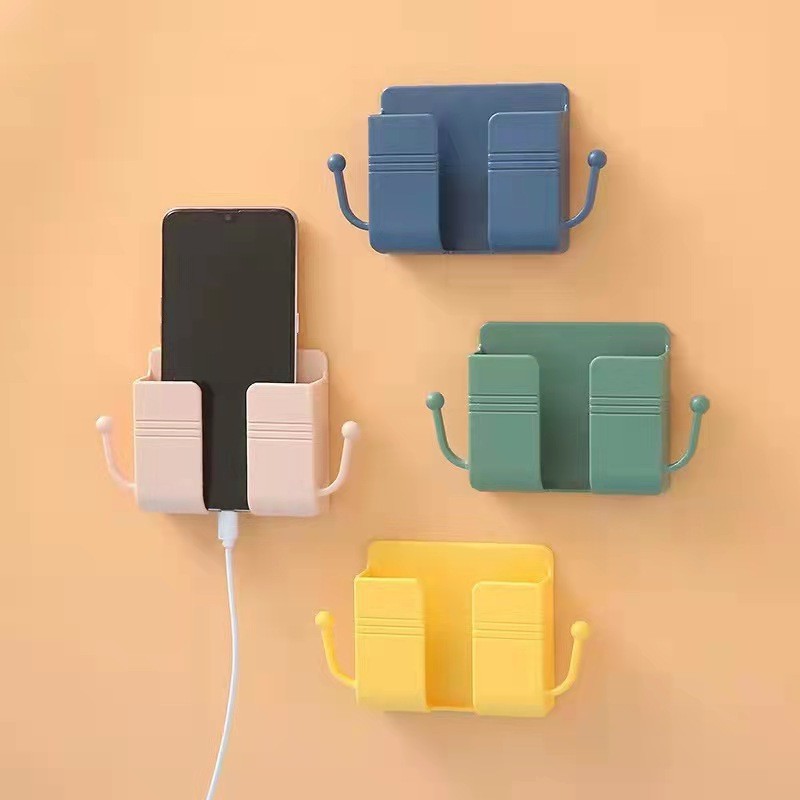 Giá Đỡ Dán Tường Để Sạc Điện Thoại, Remote, Ổ Cắm/ Kệ Đựng Kèm 2 Móc Treo Đồ-HAUSE