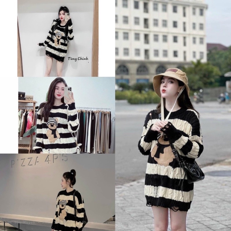 Áo len gấu kẻ ngang cute sang chảnh(kèm ảnh thật và video)
