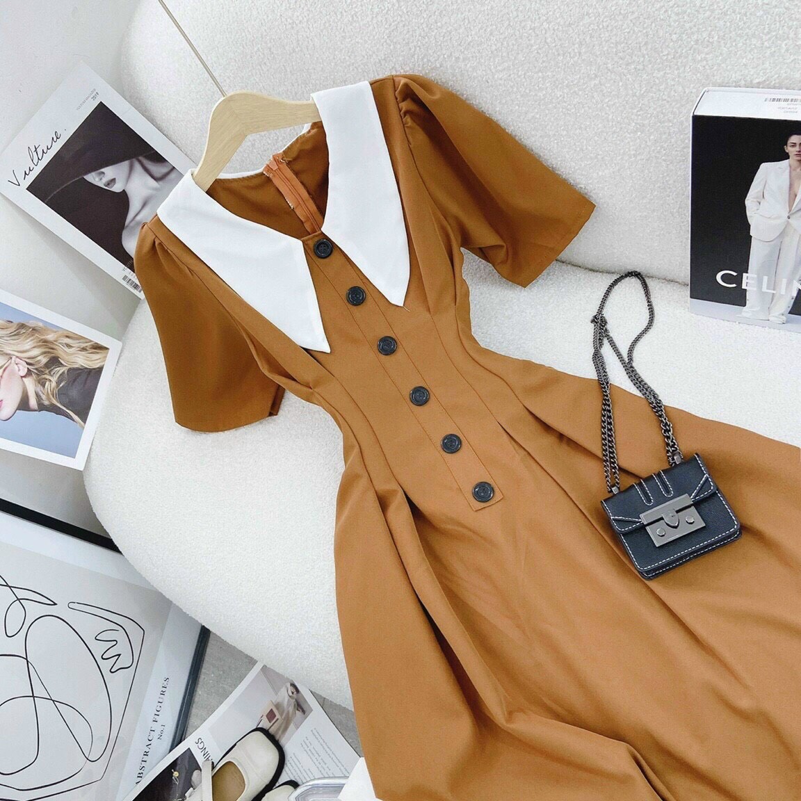 [FREESHIP MAX + HOÀN TIỀN MAX 15%] Đầm Vintage Cổ Bèo Phối Nút Nhẹ Nhàng