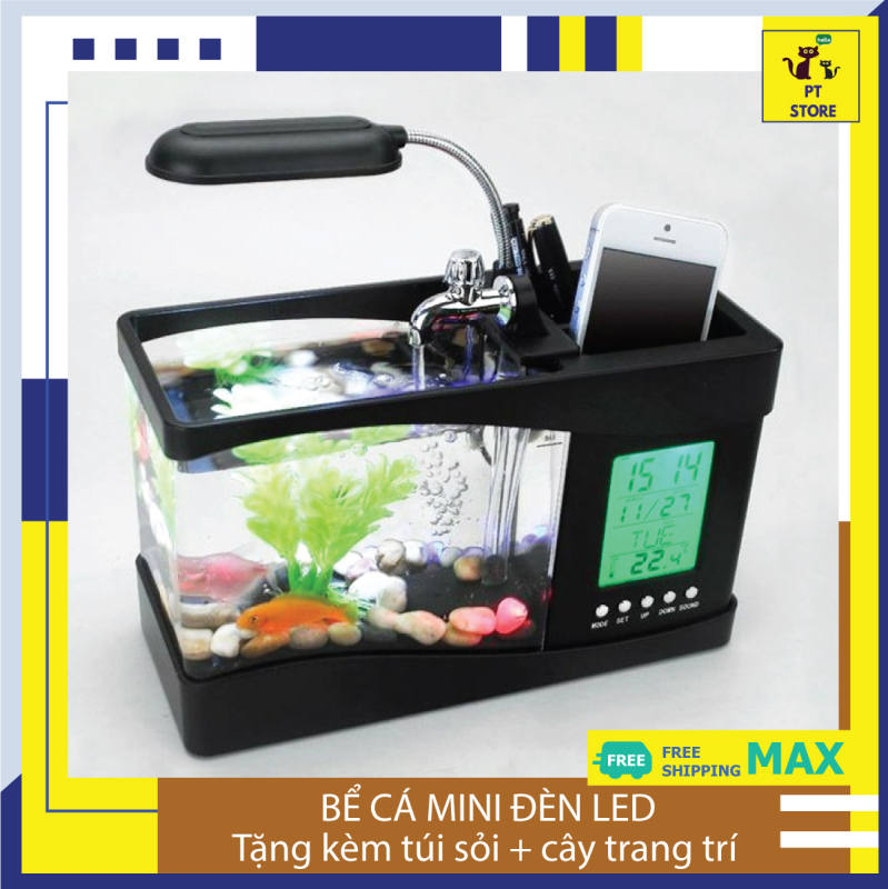 Bể cá mini để bàn có đèn LED hiển thị thứ ngày tháng, nhiệt độ môi trường, âm thanh PT Store